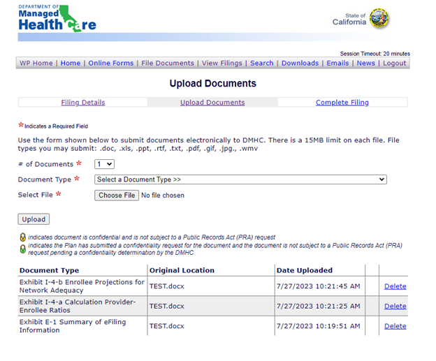 Screenshot of Upload Documents page with list of uploaded documents. Screenshot of Upload Documents page with list of uploaded documents.